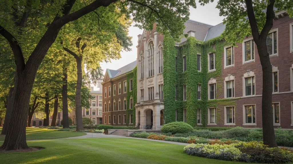 An ivy-covered brick college hall framed by mature trees and a manicured lawn