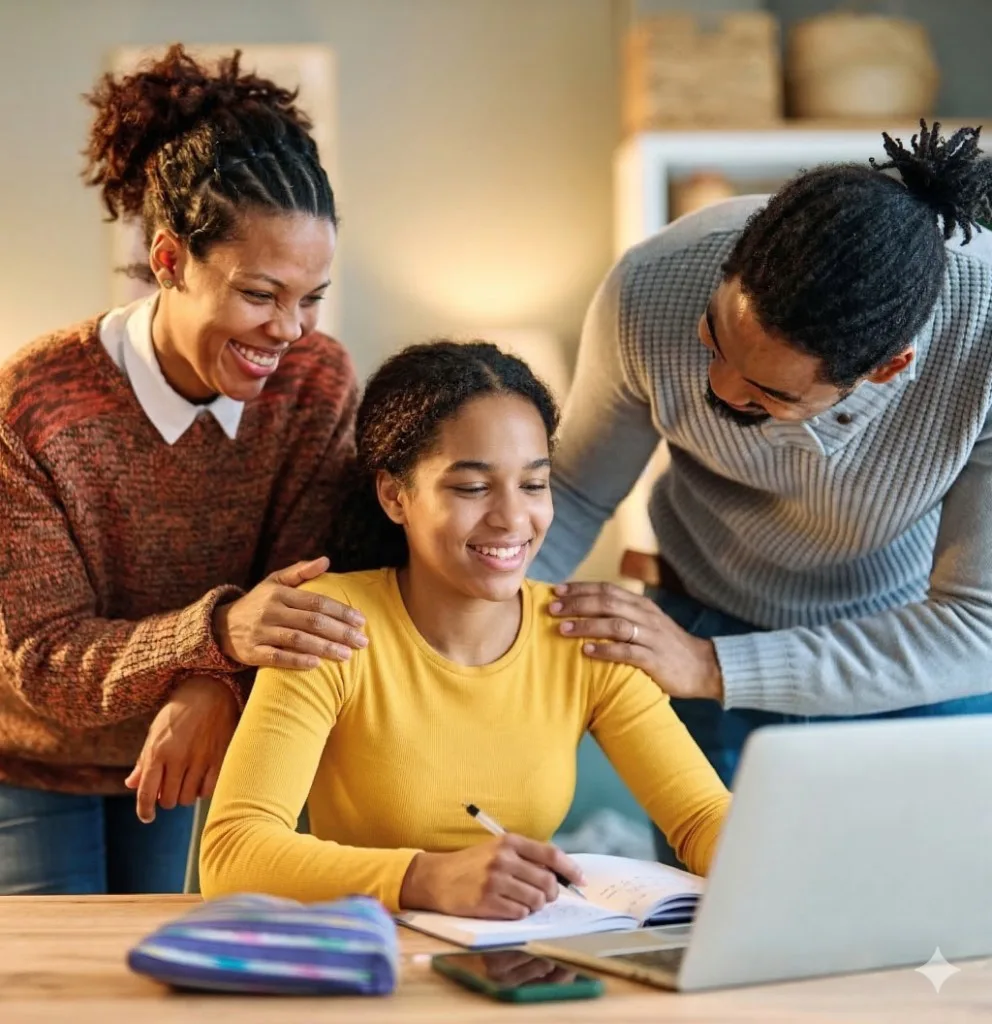 Two parents smiling as they support their student working at a laptop