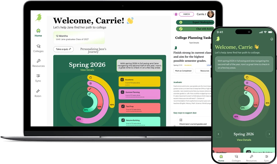 The early bird dashboard on a laptop and phone, with semester progress rings and planning tasks